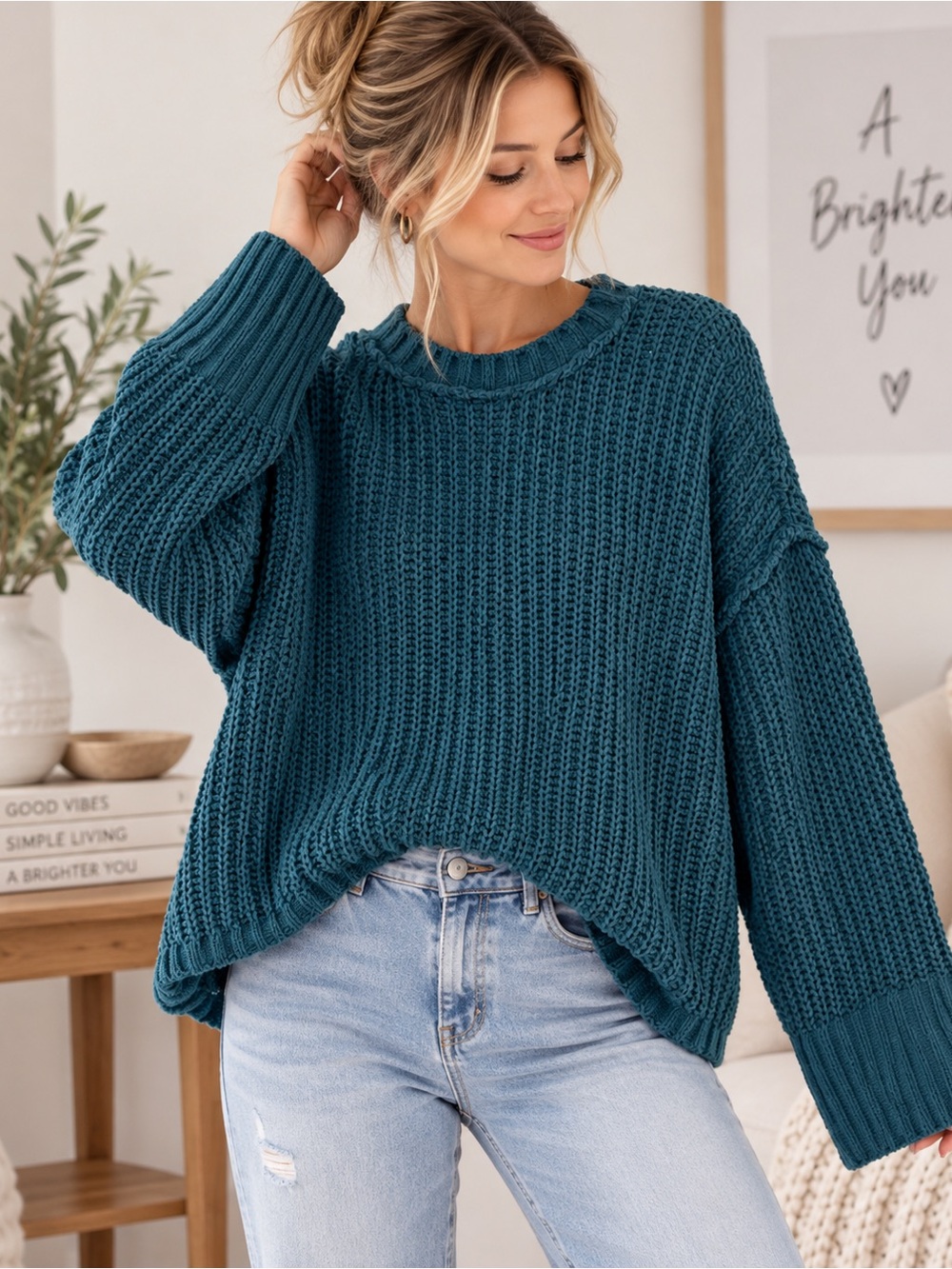 Wonderly Teal Blue Oversized Chunky Knit Sweater NWOT